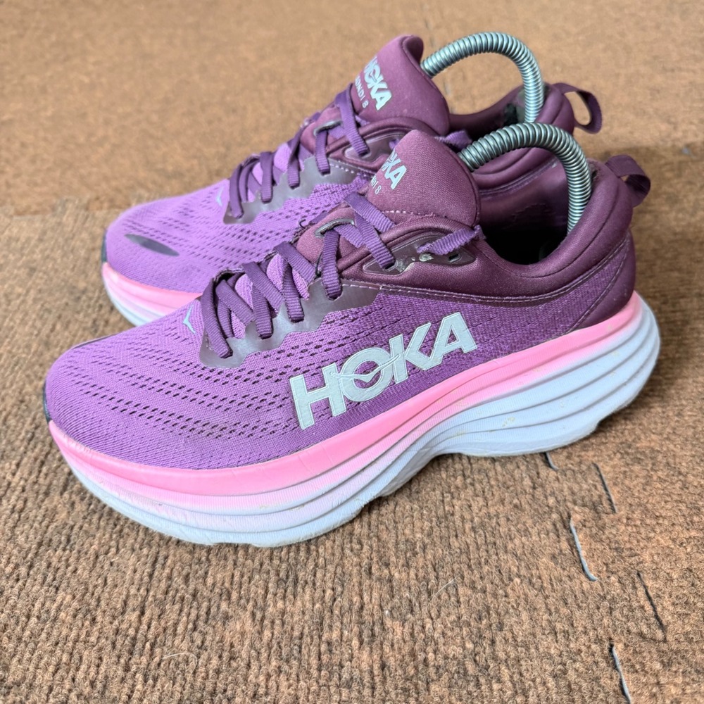 D+ shoe gym Hoka Bondi 8 Womens Running Shoes Purple Pink Road Sneakers 1127952 - Picture 3 of 13